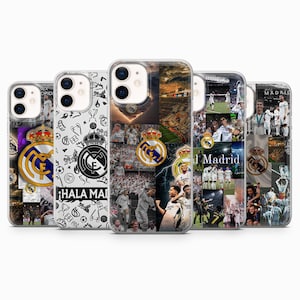 May include: A collection of five phone cases featuring Real Madrid imagery. Each case displays a different design, including the team's crest, player photos, and the words "Hala Madrid". The cases are designed for a smartphone.