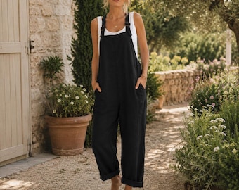 Boho Linen Jumpsuit for Women, Casual Summer Overalls, Adjustable Strap Romper, Loose Fit Wide Leg Overall, Summer clothing