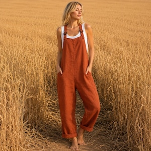 Boho Leinen Jumpsuit für Frauen, Strampler mit verstellbarem Riemen, Loose Fit Overall mit weitem Bein, Lässiger Sommer Overall, Damenbekleidung