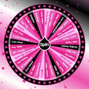 May include: A pink and black wheel featuring adult entertainment options such as "Cam Show," "Sexy Dance," and "Live Masturbation." The word "Spin" is in the centre. Pink hearts are scattered around the wheel.