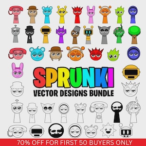 May include: A collection of colorful and black-and-white cartoon character icons labeled SPRUNKI VECTOR DESIGNS BUNDLE. The graphic features various stylized figures with diverse head shapes, accessories, and expressions on a light background.