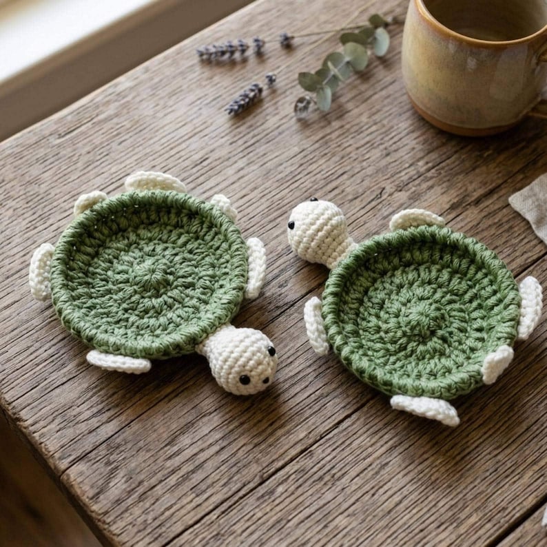 May include: Two handmade crochet coasters shaped like turtles. Each coaster features a circular, textured olive green shell with a raised border and a small, cream-coloured head with two black eyes, along with four cream-coloured flipper accents.
