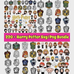 May include: A digital collection of Harry Potter themed graphics featuring numerous chibi-style character illustrations, house crests, and magical icons. The image includes a bright pink horizontal banner with the text 220+ Harry Potter Svg/Png Bundle.