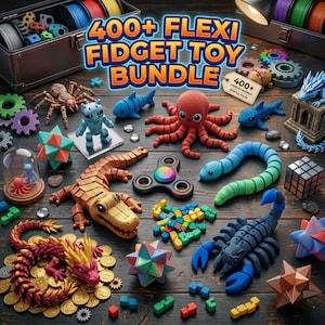 Könnte beinhalten: Ein 400+ Flexi Fidget Toy Bundle mit verschiedenen beweglichen Kunststofffiguren wie einem roten Oktopus, blauem Hai, orangefarbenem Alligator, grüner Schlange und dunkelblauem Skorpion sowie geometrischen Formen und kleinen Bausteinen.