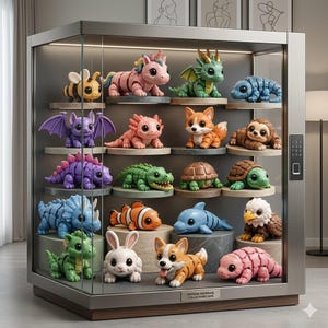 May include: A glass display case with a metal frame containing multiple articulated animal and creature figurines on tiered circular shelves. The collection includes a bee, unicorn, dragon, dinosaur, turtle, fox, sloth, fish, dolphin, eagle, and rabbit.