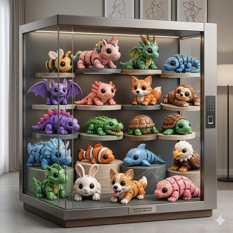 May include: A glass display case with a metal frame containing multiple articulated animal and creature figurines on tiered circular shelves. The collection includes a bee, unicorn, dragon, dinosaur, turtle, fox, sloth, fish, dolphin, eagle, and rabbit.