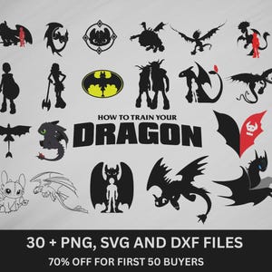 Könnte beinhalten: Eine Sammlung schwarzer Silhouetten mit Charakteren und Drachen aus How to Train Your Dragon, einschließlich verschiedener Flugposen, stehender Figuren und eines zentralen Logos. Das Bild enthält 30+ PNG-, SVG- und DXF-Dateien mit Text.