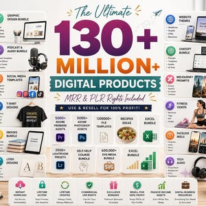 May include: A digital product bundle advertisement featuring the text The Ultimate 130+ MILLION+ DIGITAL PRODUCTS MRR & PLR Rights Included. The graphic displays various icons and categories like graphic design, podcasts, and website themes.