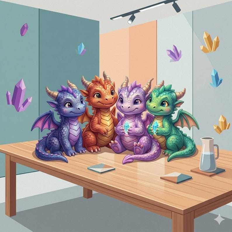May include: Four small, cartoon-style dragon figurines in purple, orange, lavender, and green sit on a wooden table. The lavender and green dragons hold small glowing crystals. Floating crystal illustrations decorate the wall behind the table.