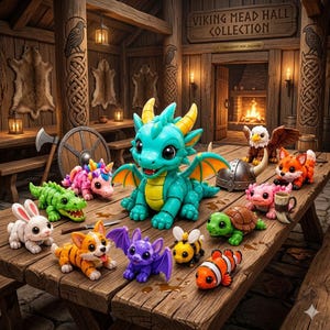 May include: A collection of colorful articulated plastic animal figures including a central teal dragon, a green crocodile, a white rabbit, a corgi, a purple bat, a bee, a clownfish, a turtle, a pink creature, a fox, and an eagle on a table.