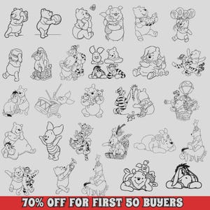 Op de afbeelding: Een verzameling zwart-wit lijntekeningen met Winnie de Poeh, Knorretje, Teigetje en Iejoor in verschillende houdingen en activiteiten. Onderaan de afbeelding staat de tekst 70% OFF FOR FIRST 50 BUYERS in vetgedrukte letters.
