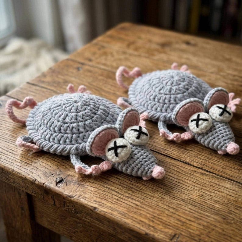 May include: Two handmade crochet mouse coasters featuring a circular grey body, pink ears, a small pink nose, and white eyes with black stitched X marks. Each mouse has a small curled tail and four tiny pink feet extending from the sides.