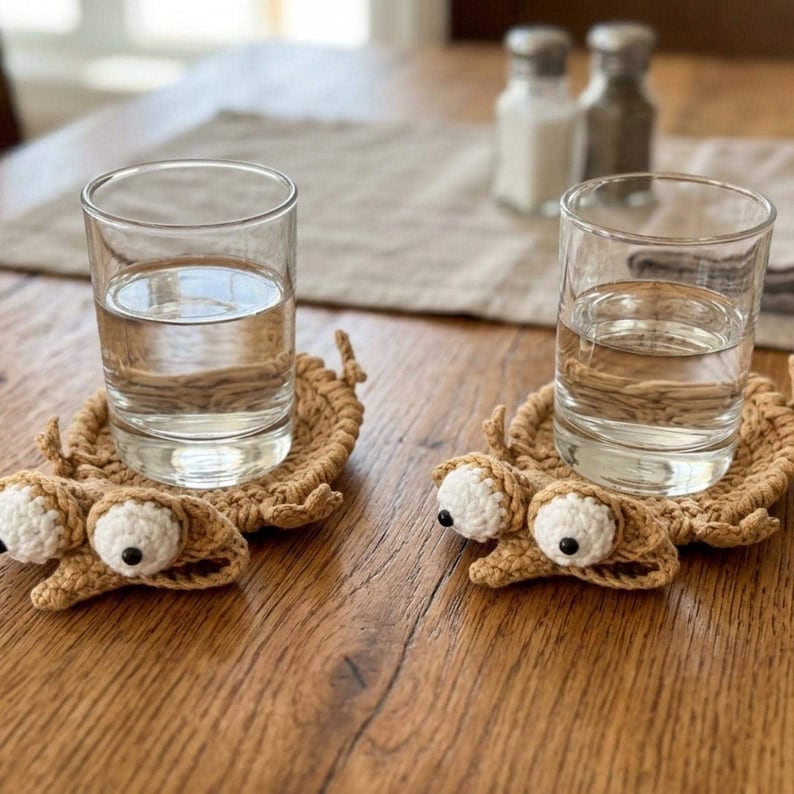 May include: Two clear glass tumblers filled with water, each resting on a tan crocheted coaster shaped like a creature with two large white eyes featuring black pupils. The coasters are textured with visible yarn loops and small protruding limbs.
