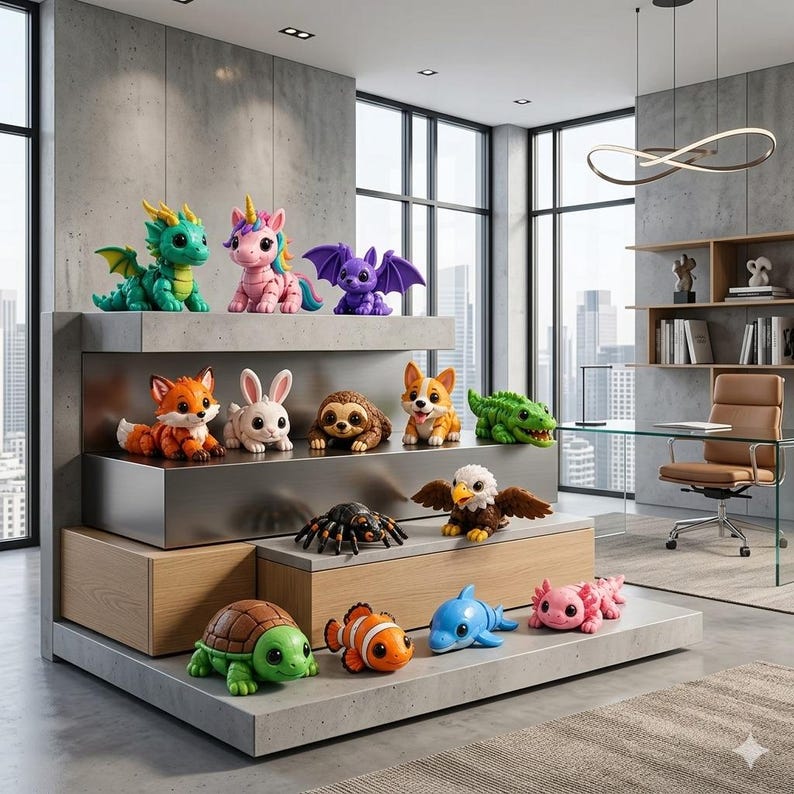 May include: A collection of small, colorful animal figurines displayed on a tiered shelf. The figures include a green dragon, pink unicorn, purple bat, orange fox, white rabbit, brown sloth, corgi, green crocodile, spider, eagle, turtle, clownfish, blue dolphin, and pink axolotl.