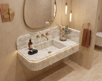 Calacatta Gold Marble Sink - Handcrafted Rectangular Bathroom Basin Vanity with Backsplash, Fluted Stone Wash Basin