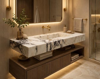 Calacatta Viola Marble Vessel Sink, Rectangular Stone Basin