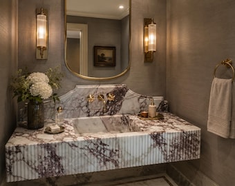 Calacatta Monet Marble Vanity Sink with Integrated Backsplash