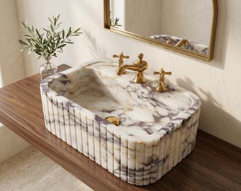 Ribbed Calacatta Viola Marble Bathroom Sink | Luxury Wall & Vanity Mount Basin