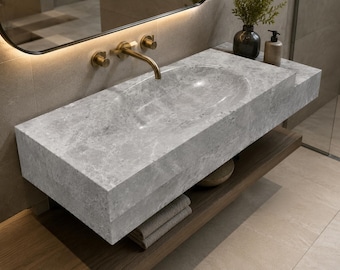 Tundra Grey Marble Sink, 60 Inch Modern Vanity Basin