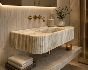 Calacatta Gold Marble Vessel Sink, Grooved Stone Basin
