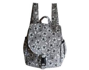 Medium backpack Grey black and white floral print cotton