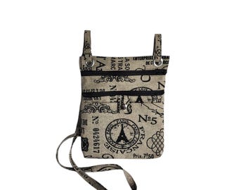 Crossbody hip bag Paris theme print on a tan canvas Large