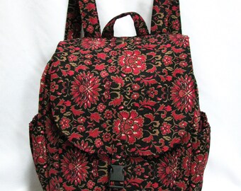 Large backpack- Black and burgundy floral corduroy