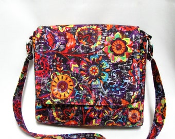 Large messenger bag- Multi color floral confetti cotton