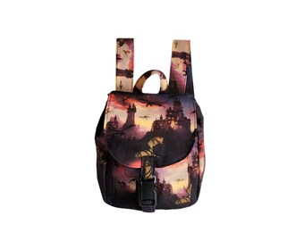 Small backpack Dragon and castle print cotton