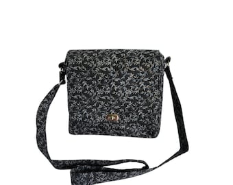 Crossbody messenger Grey leaf print cotton Large