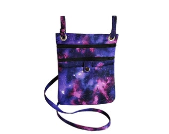 Large hip bag Purple and black galaxy print cotton