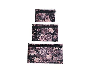 Pouch Set Dusty rose floral print on black cotton