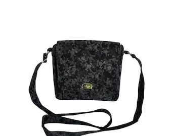 Crossbody messenger Grey floral print on black cotton Small