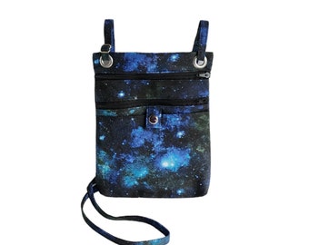 Large hip bag Black blue and green galaxy print cotton