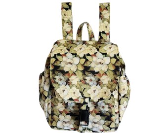 Backpack Magnolia print on black cotton Medium