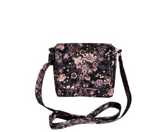 Crossbody messenger Dusty rose floral print on black cotton Small