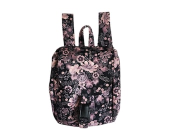 Backpack Dusty rose floral print on black cotton Small