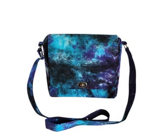 Crossbody messenger Blue, purple, and black tie dye cotton Large