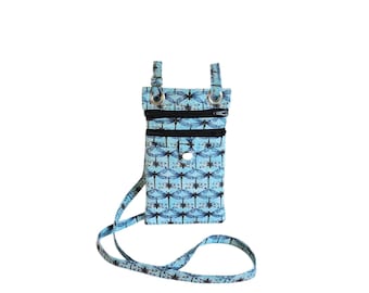 Crossbody hip bag Dragonfly kaleidoscope on blue cotton Small