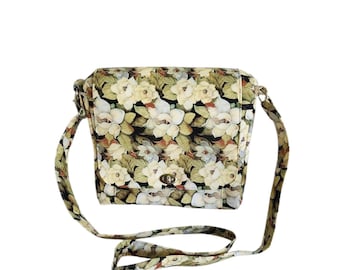 Crossbody messenger Magnolia print on black cotton Large