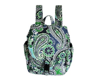 Medium size backpack Green and blue paisley print canvas