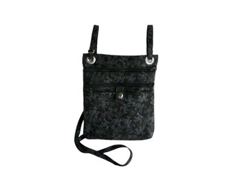 Large hip bag Black and grey floral print cotton