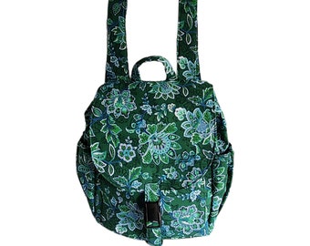 Medium size backpack Green and blue paisley floral print canvas