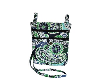 Large hip bag Green and blue paisley print canvas