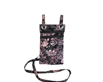Crossbody hip bag Dusty rose floral print on black cotton Small