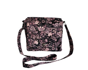 Crossbody messenger Dusty rose floral print on black cotton Large