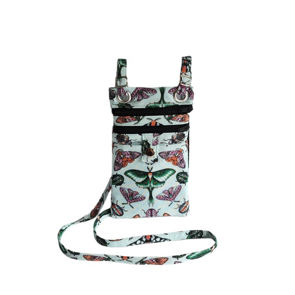 Small hip bag Sea foam green moth and beetle print cotton