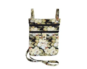 Crossbody hip bag Magnolia print on black cotton Large