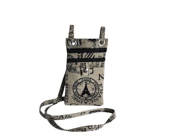 Crossbody hip bag Paris theme print on a tan canvas Small
