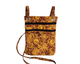 Large hip bag Yellow and maroon sunflower print cotton
